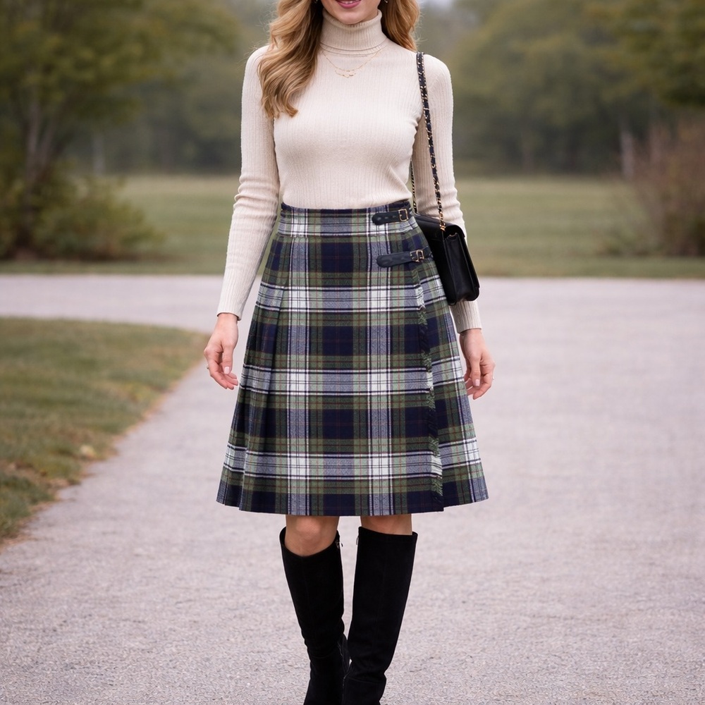 VTG Tartan Skirt Womens 8/10 Green Plaid Wrap Pleat Scottish Academia Schoolgirl